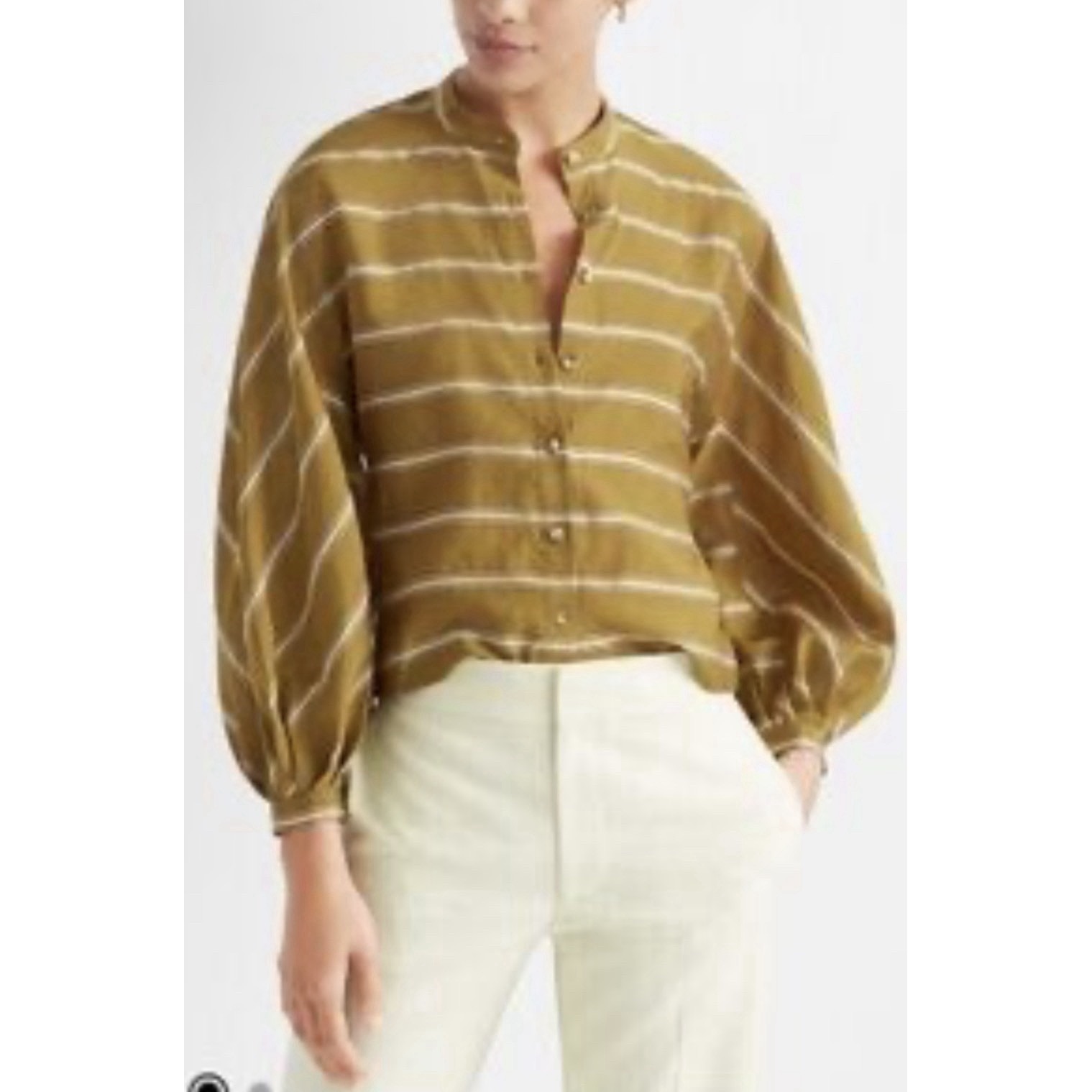 Club Monaco Peechie Blouse, A Mustard-Yellow Green Balloon Sleeve Size Xs Stripe